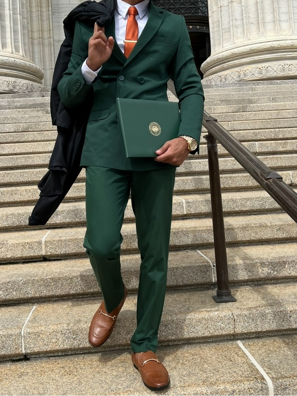 Men's Dark Green Double-Breasted Suit with Orange Tie